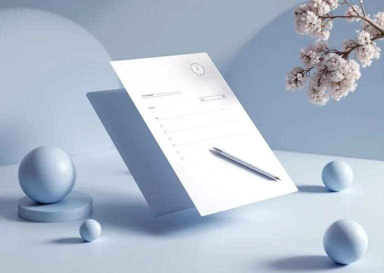 Valkoinen digitaalinen tuntikirja kynän kanssa, ympärillä kellotaulun elementtejä ja geometrisiä muotoja sinivalkoisessa teemassa.