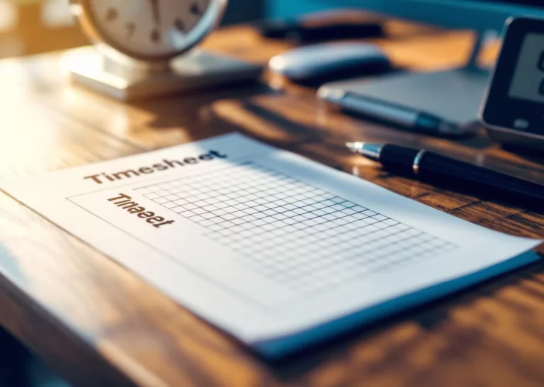 Tyhjä aikaseurantalomake pöydällä sekuntikello, kynä ja digitaalikello ympärillä ammattimaisessa työympäristössä
