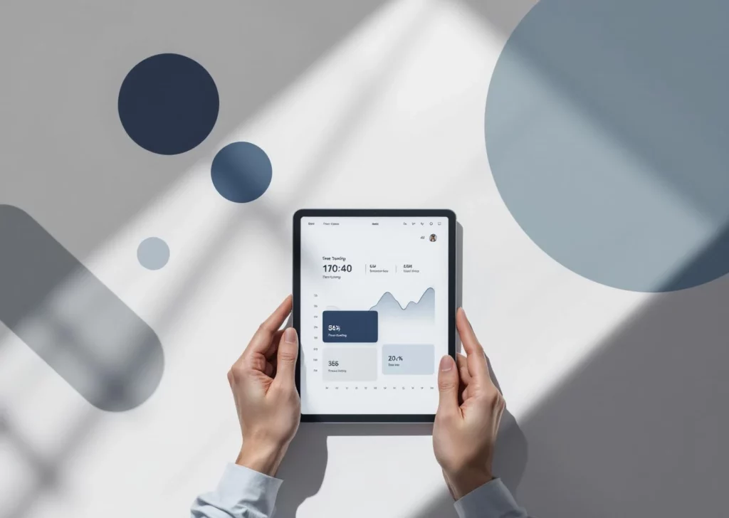 Valkoinen työpöytä digitaalisella tabletilla, jossa näkyy ajanhallintasovellus siniharmain värein ja geometrisin muodoin