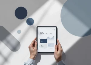 Valkoinen työpöytä digitaalisella tabletilla, jossa näkyy ajanhallintasovellus siniharmain värein ja geometrisin muodoin