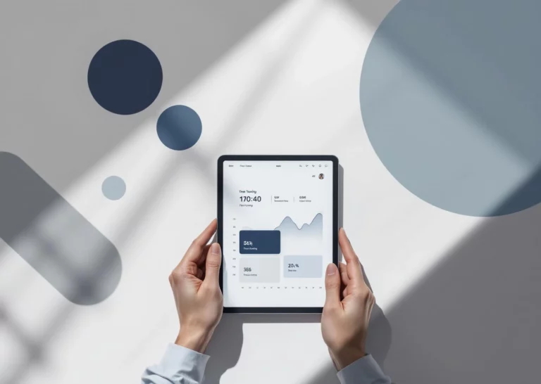 Valkoinen työpöytä digitaalisella tabletilla, jossa näkyy ajanhallintasovellus siniharmain värein ja geometrisin muodoin