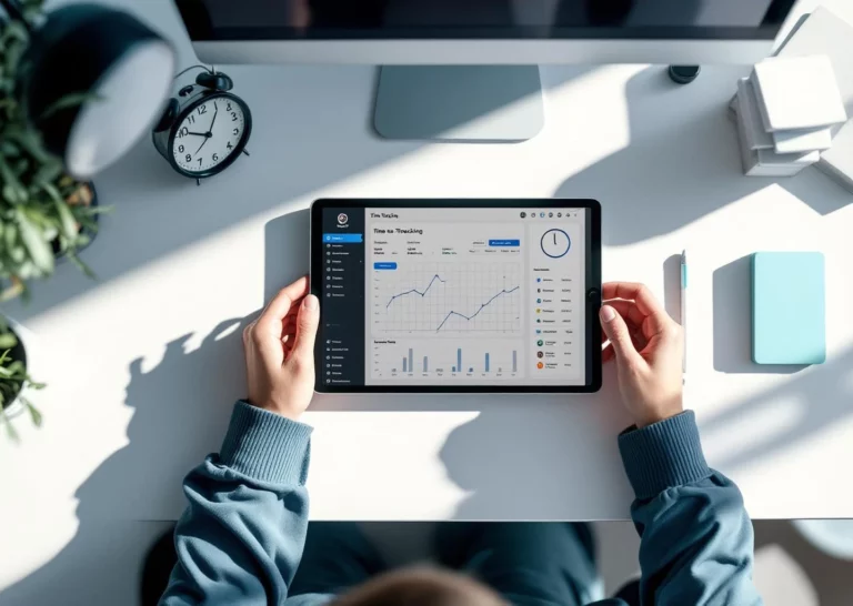 Digitaalinen tabletti näyttää ajanseurantasovellusta valkoisella työpöydällä, ympärillä kello ja kalenteri