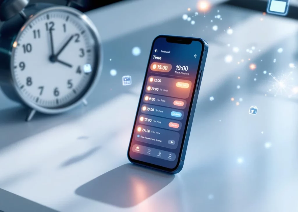 Älypuhelin näyttää digitaalista työajanseurantasovellusta pöydällä, ympärillä kelloja ja kalenterikuvakkeita