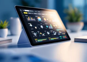 Tabletti näyttää värikkään työnkulun seurantakäyttöliittymän edistymispalkeilla ja tehtävien valmistumismittareilla